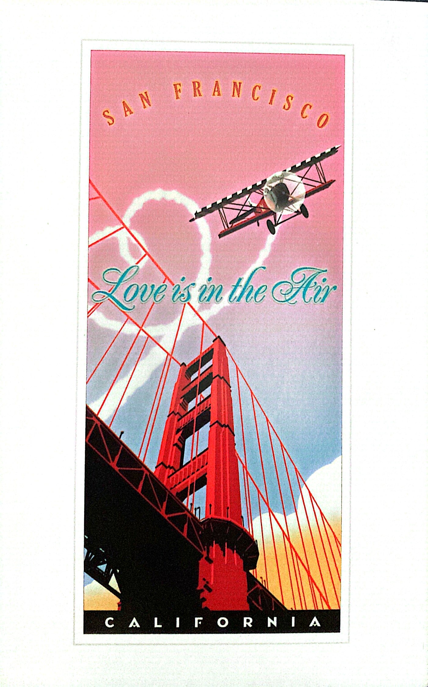 "Love is in the Air" a cute little airplane flying over the Golden Gate Bridge