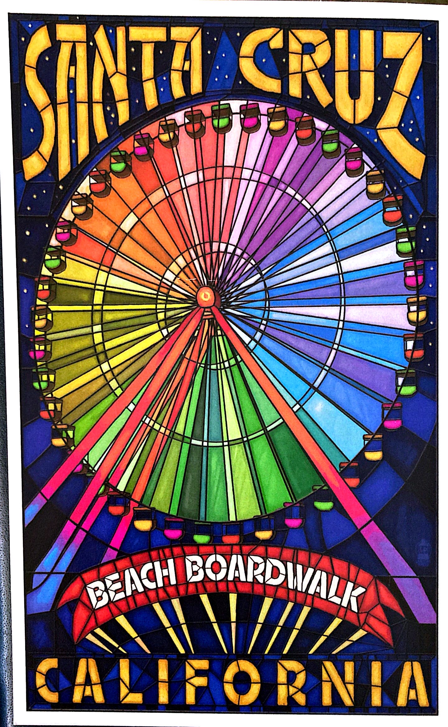 An illustration of the ferris wheel of the Santa Cruz boardwalk